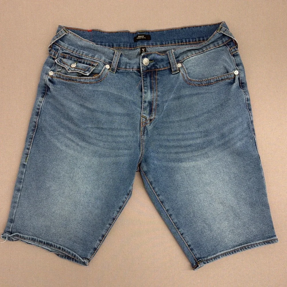 True Religion Rocco Relaxed Skinny Denim Shorts Mens 38 Blue Medium Wash Stretch